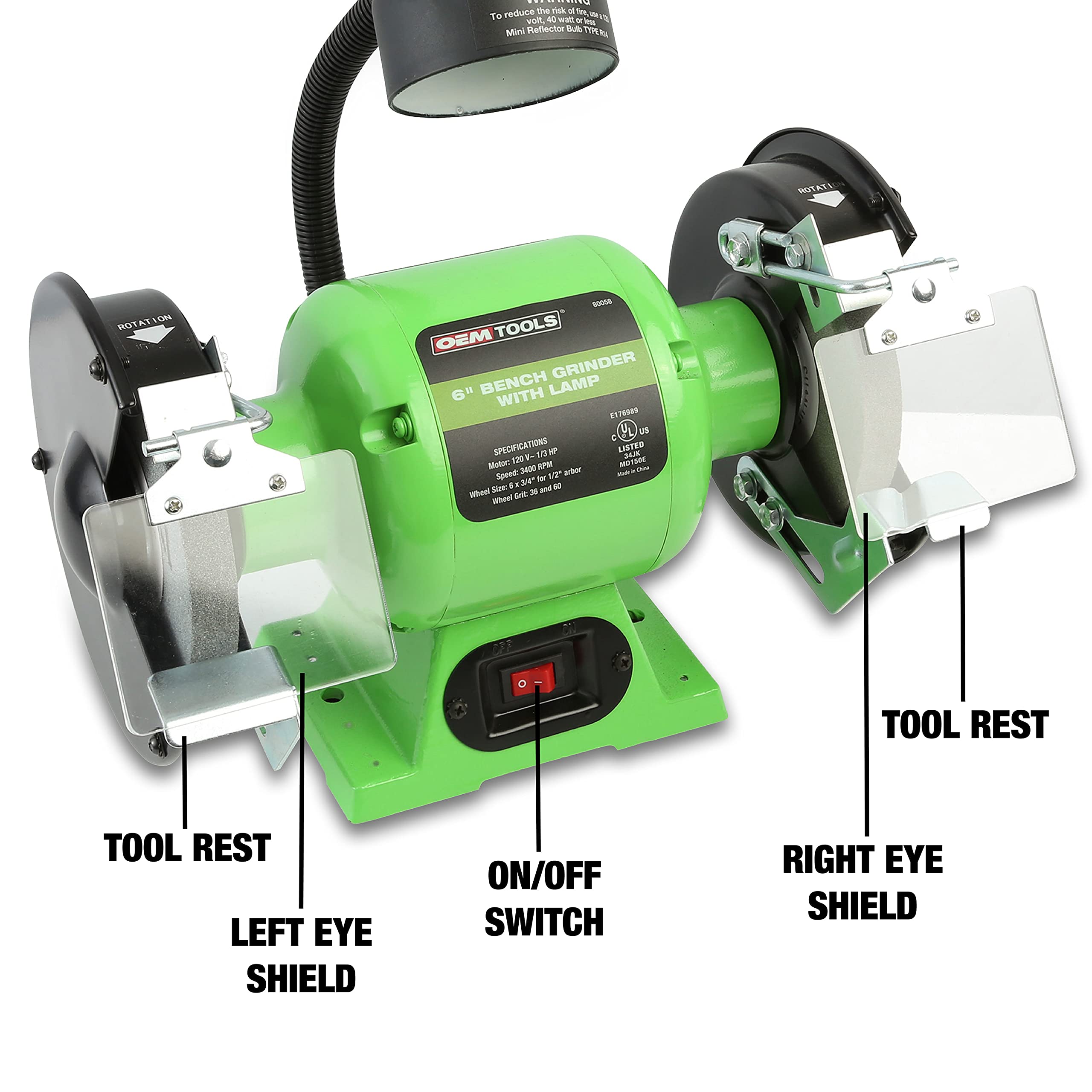 OEMTOOLS 80058 6in Bench Grinder w/ Light, 1/3 HP 3400 RPM, Cast